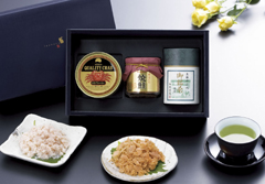 静岡深蒸し銘茶・焼鮭手ほぐし・かに缶詰合せ 3,150円（税込み）